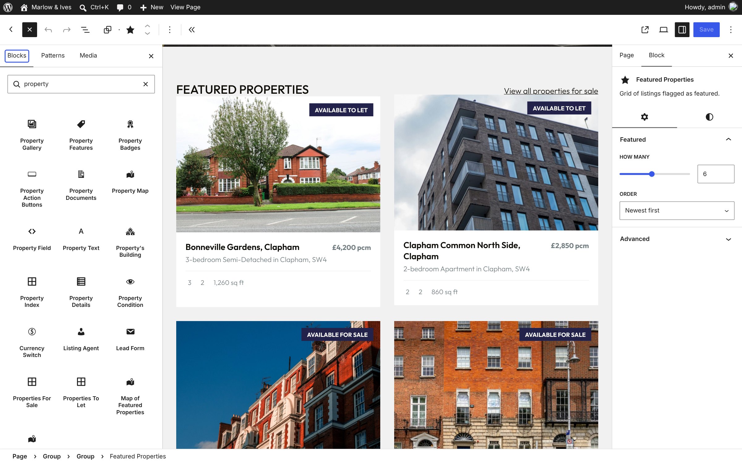 The WordPress editor with Realist’s property blocks in the inserter and a featured listings block selected on a homepage