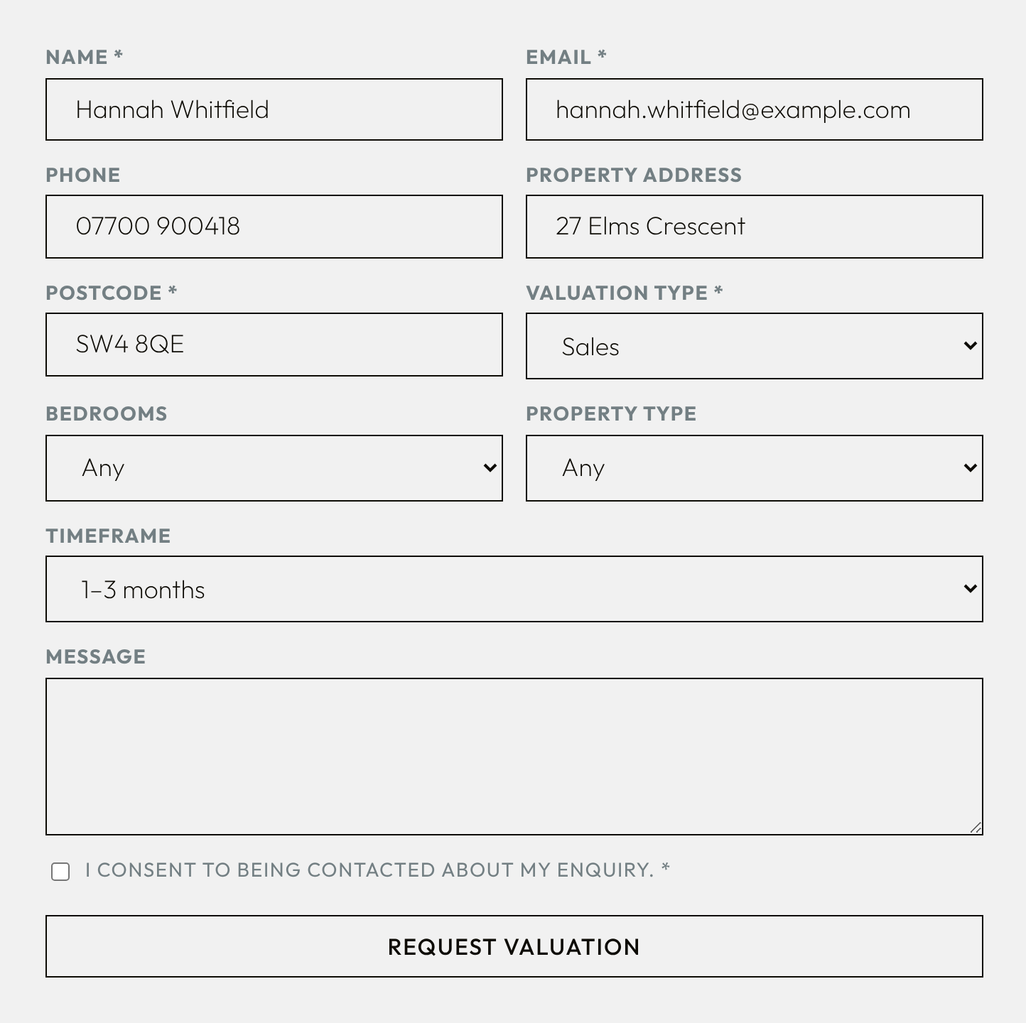 A valuation request form on an agency website, asking for name, contact details and the property address