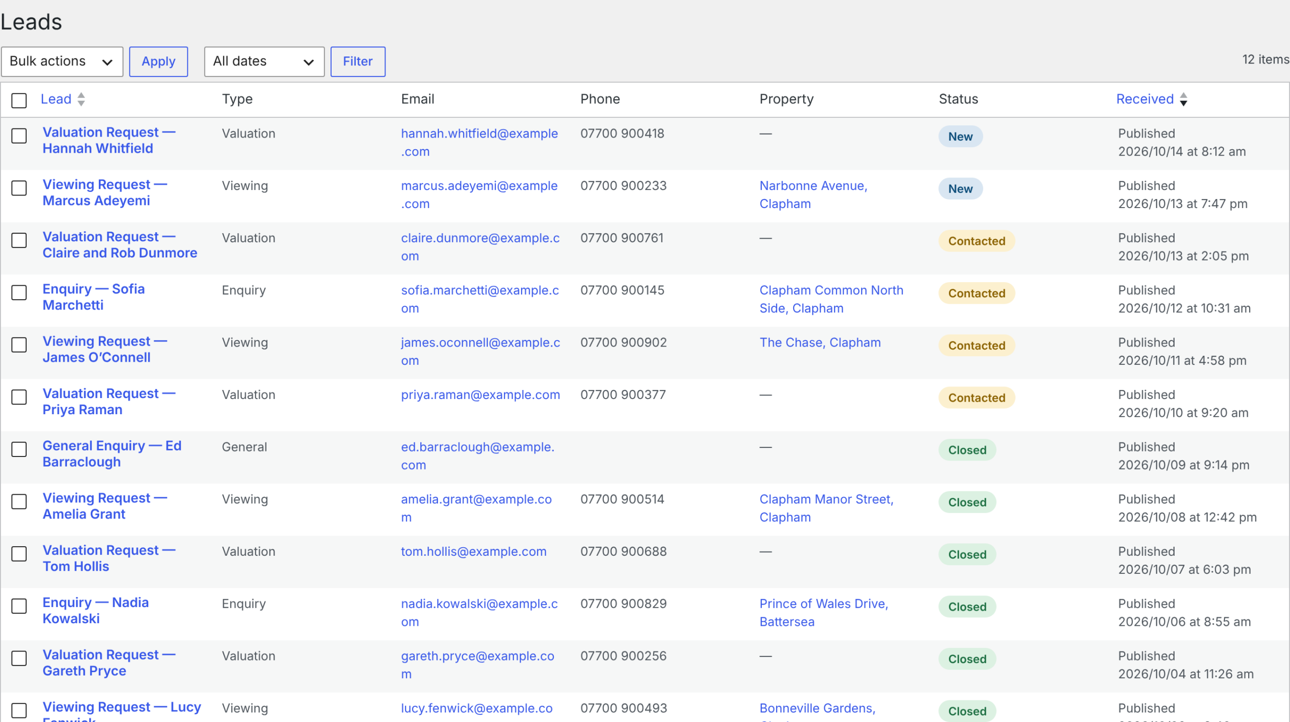 The leads list in the Realist dashboard, with valuation and viewing requests, their status and source page
