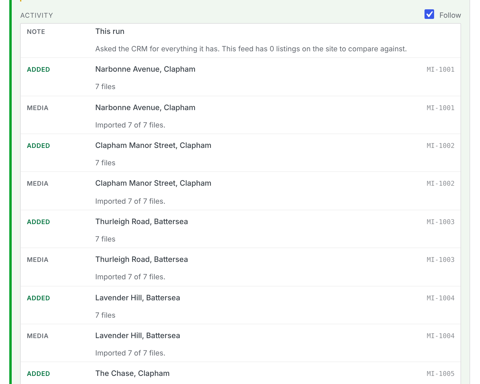 A live activity log of a CRM sync, naming each listing added or updated and the images imported for it