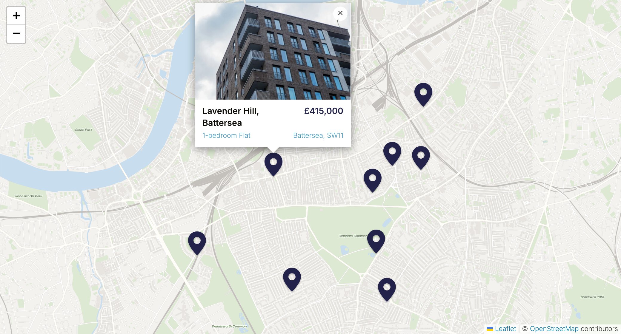A map of property listings with a pin opened to show one property’s photo and price