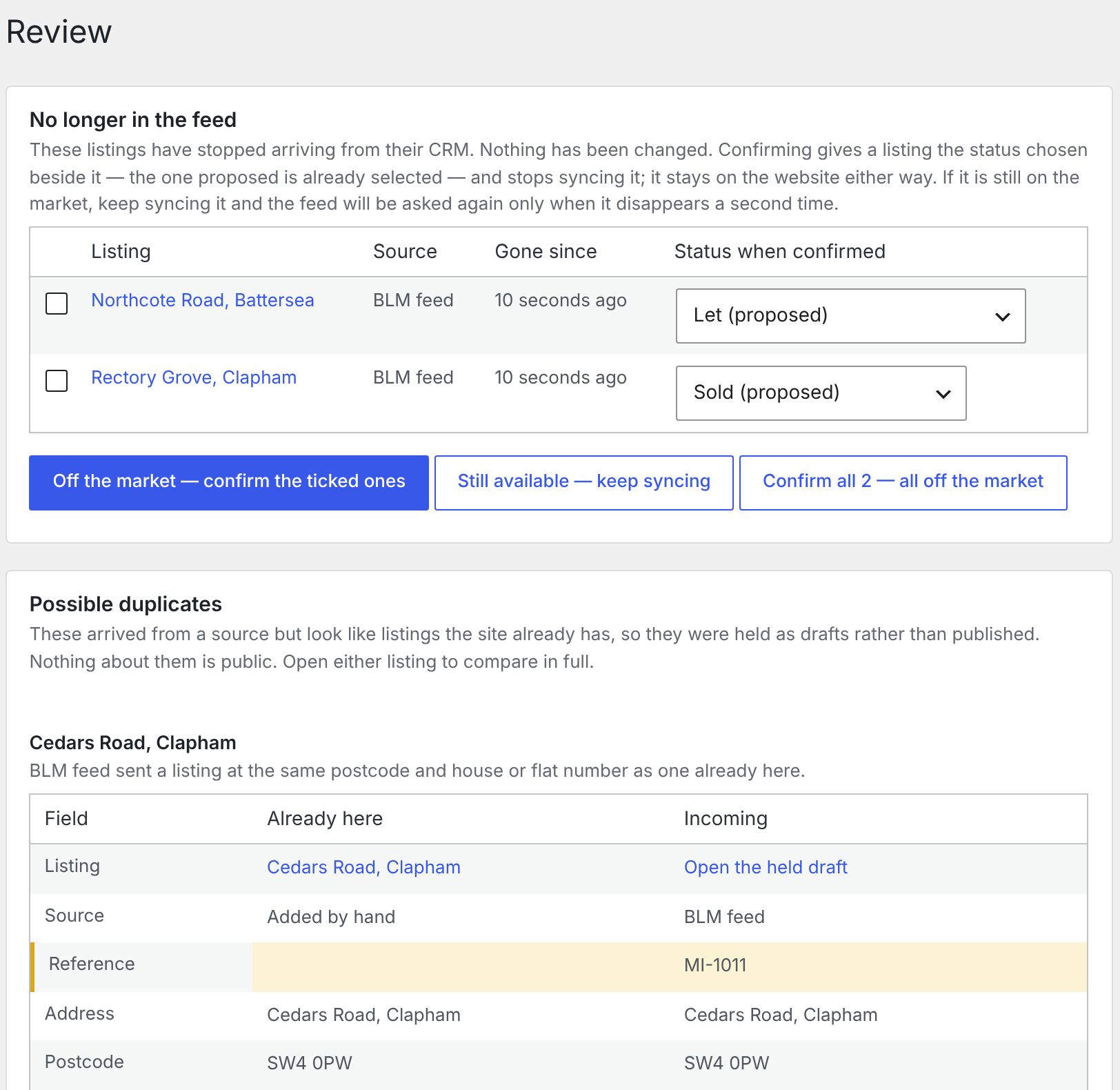The Realist review list with withdrawals proposed from a BLM feed, waiting for confirmation