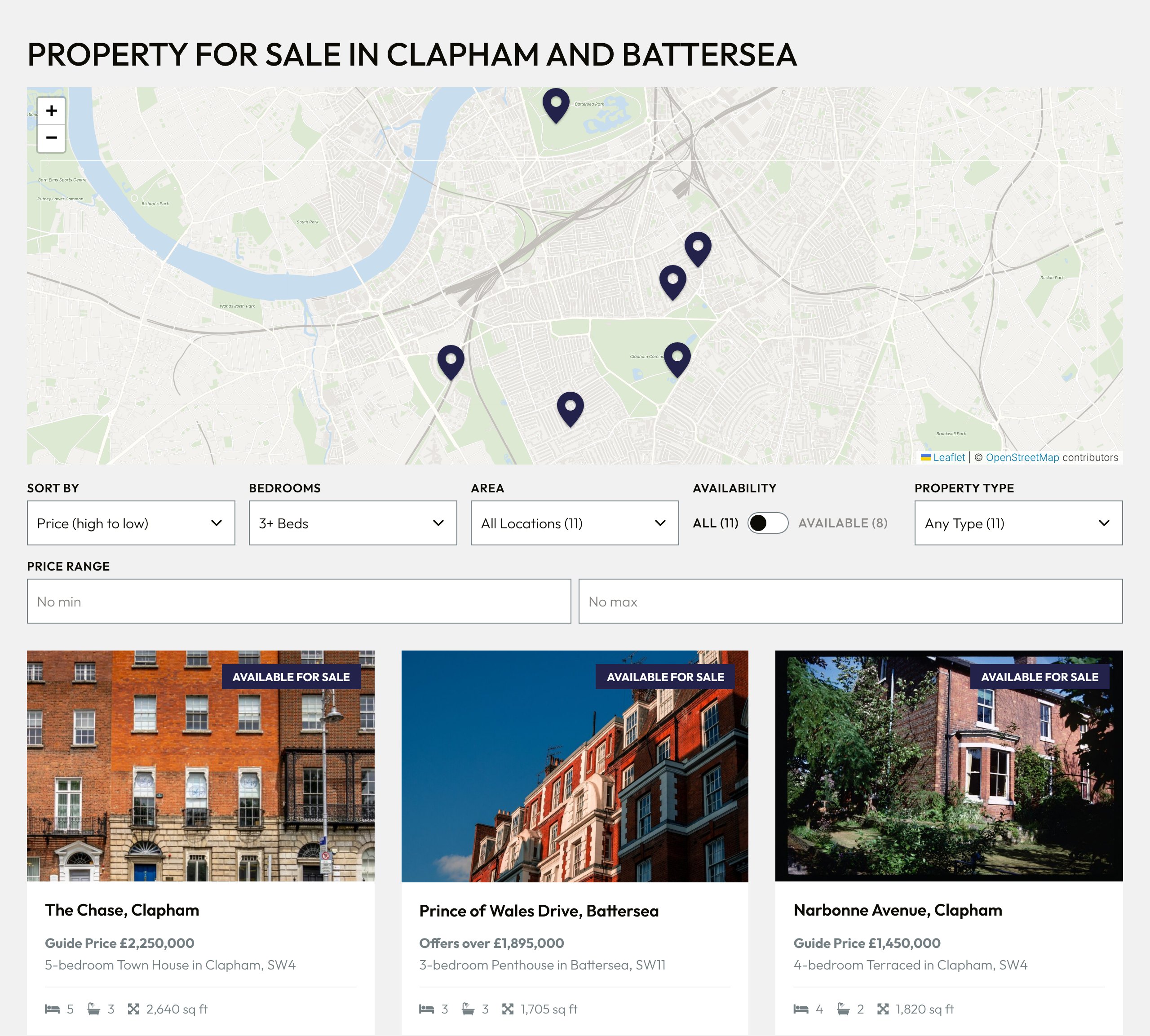 A Realist search page filtered to three bedrooms or more, with the results as cards and as pins on a map
