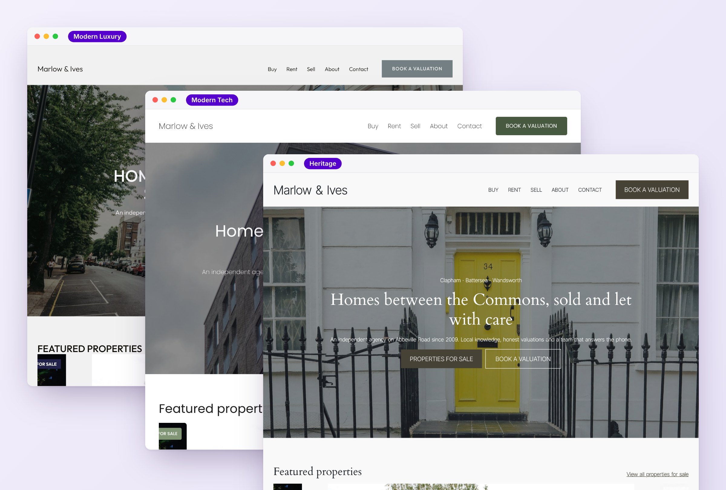 Three Realist website designs side by side: Modern Luxury, Modern Tech and Heritage