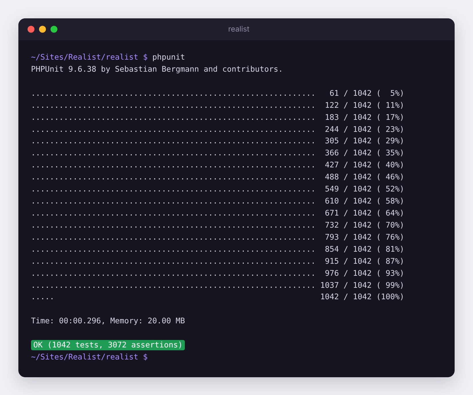 A test run in a terminal showing more than a thousand Realist tests passing